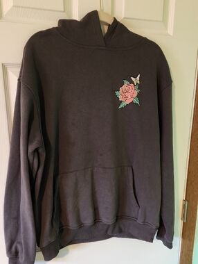 Embellished Rose Graphic Hoodie - Charcoal